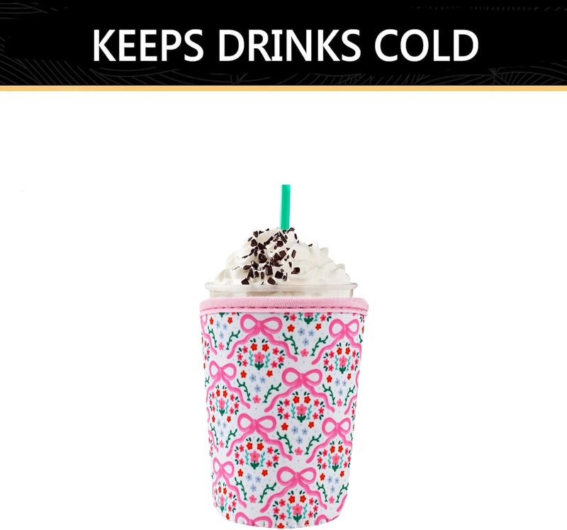 YR Reusable Neoprene Insulator Sleeve for Iced Coffee Cups, 3 Pack Coffee Coolies sleeves for Iced & Hot Drinks, Cold Beverage Cooler Compatible with Starbucks Coffee and More (Pink Bows) - Image 5